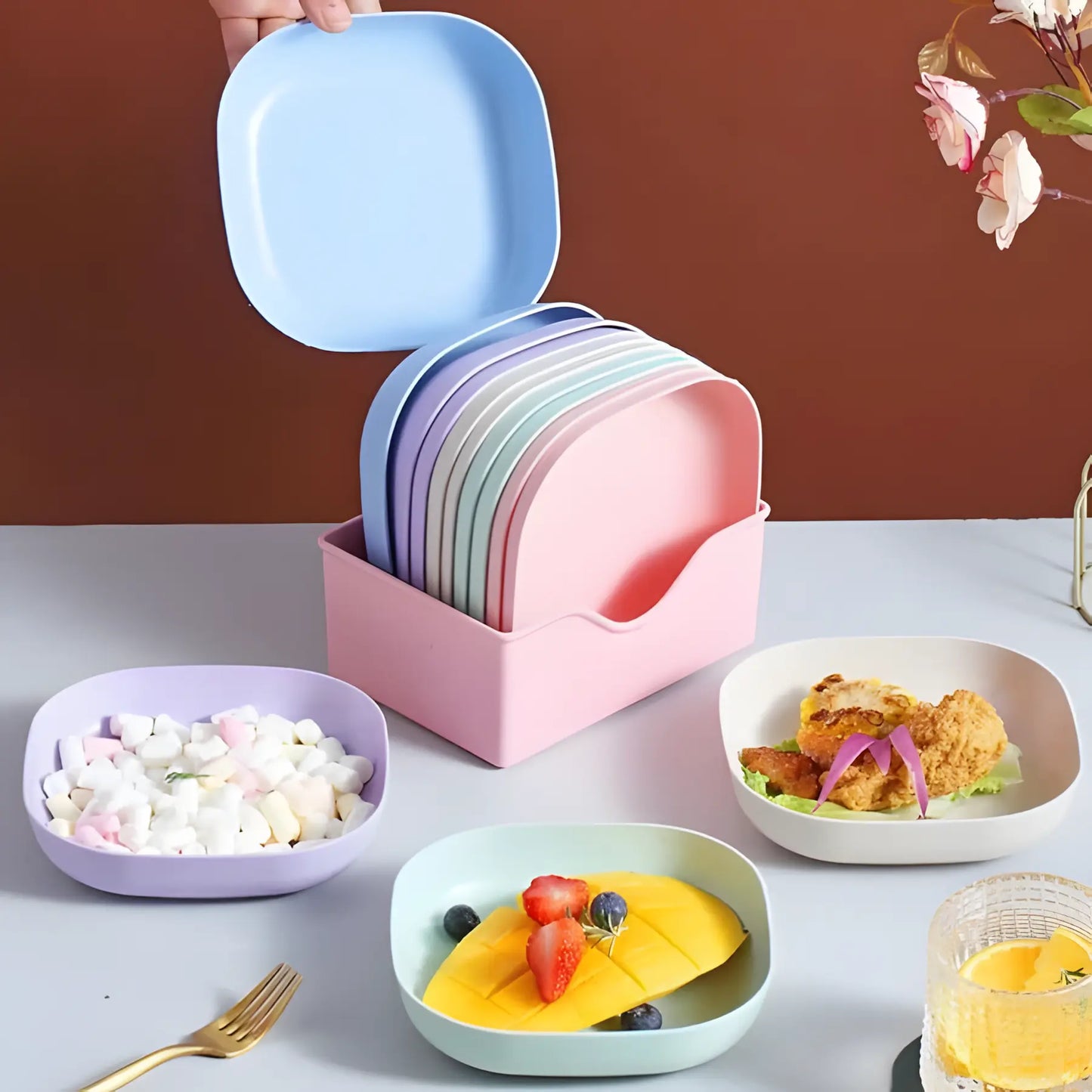10Pcs Premium Multicolor Plates Set With Holder