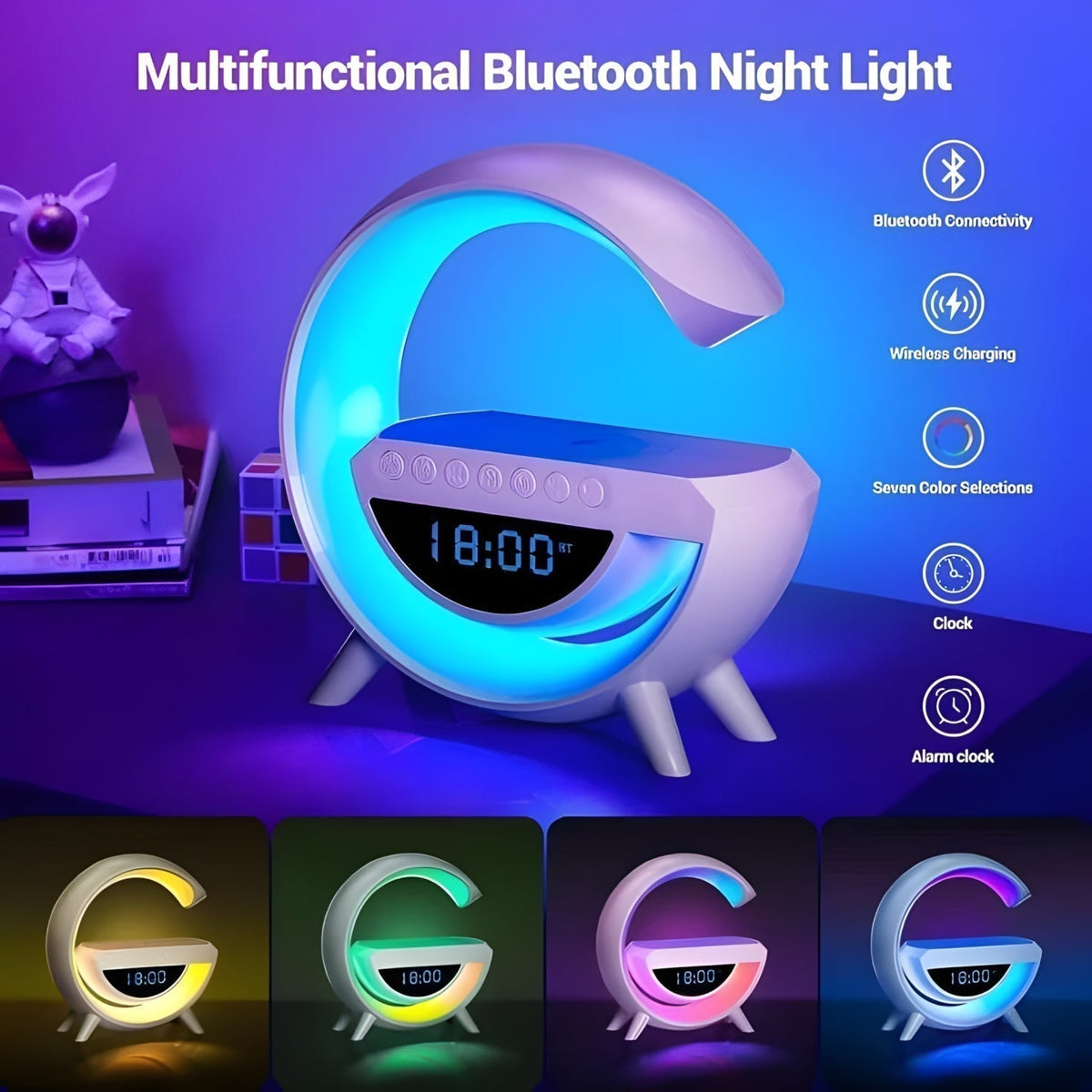G-Shaped ADVANCED 5 in 1 Night Light Wireless Charger BT Speaker Clock
